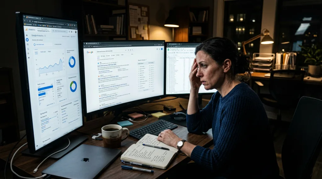 Woman at a multi-monitor workstation, hand on head, looking stressed while reviewing data on three screens in a dimly lit office.