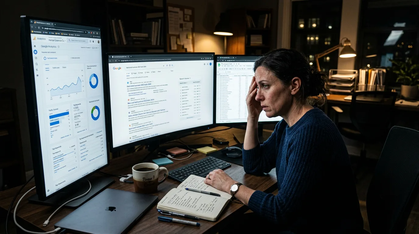 Woman at a multi-monitor workstation, hand on head, looking stressed while reviewing data on three screens in a dimly lit office.